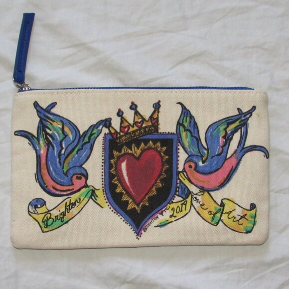 Brighton 2019 Love Of Art Birds Heart Crown Zip Top Canvas Cosmetic Bag Clutch - Picture 1 of 3